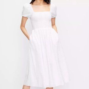 LOFT Floral Smocked Puff Sleeve Midi Dress w/Pockets in White Size M